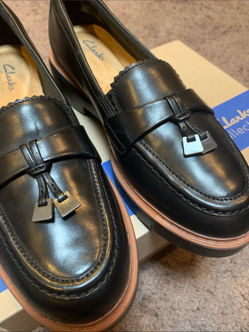 Clarks Black Leather Tassel Loafers with Brown Welt - Picture 6 of 6